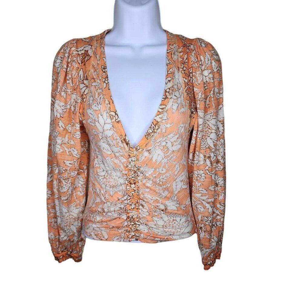 Free People Sheer Feminine Ruched Long Sleeve VNeck Top Womens Size XS Orange